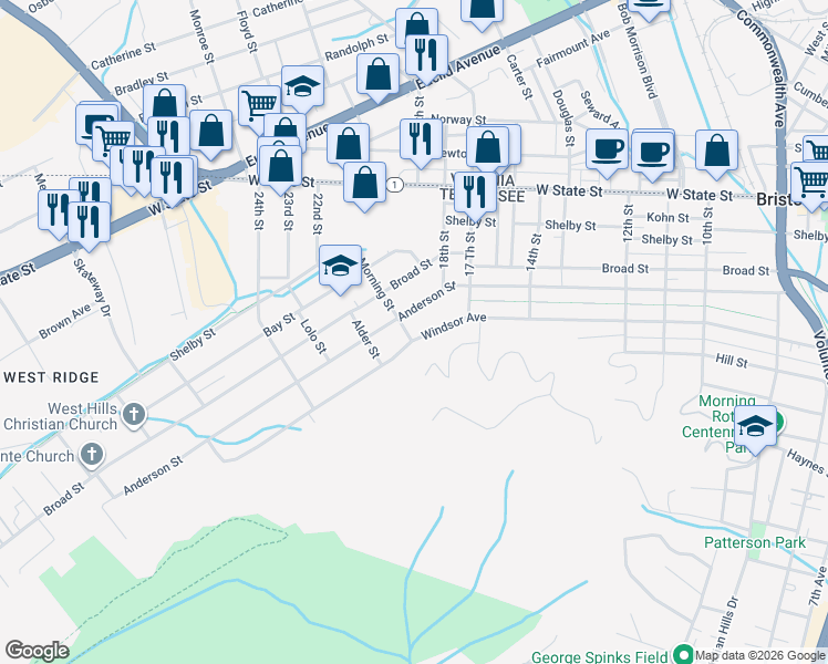 map of restaurants, bars, coffee shops, grocery stores, and more near 1733 Windsor Ave in Bristol