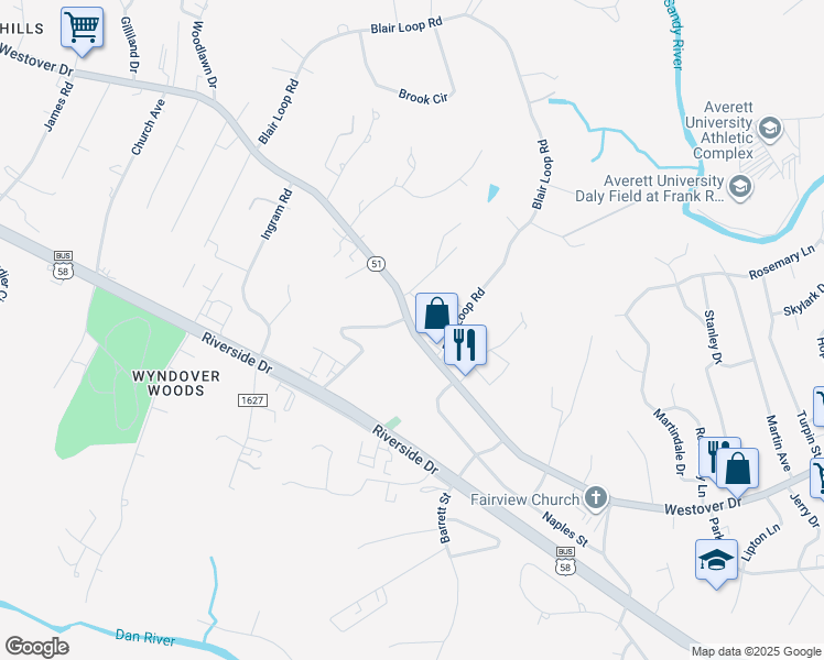 map of restaurants, bars, coffee shops, grocery stores, and more near 1521 Westover Dr in Danville