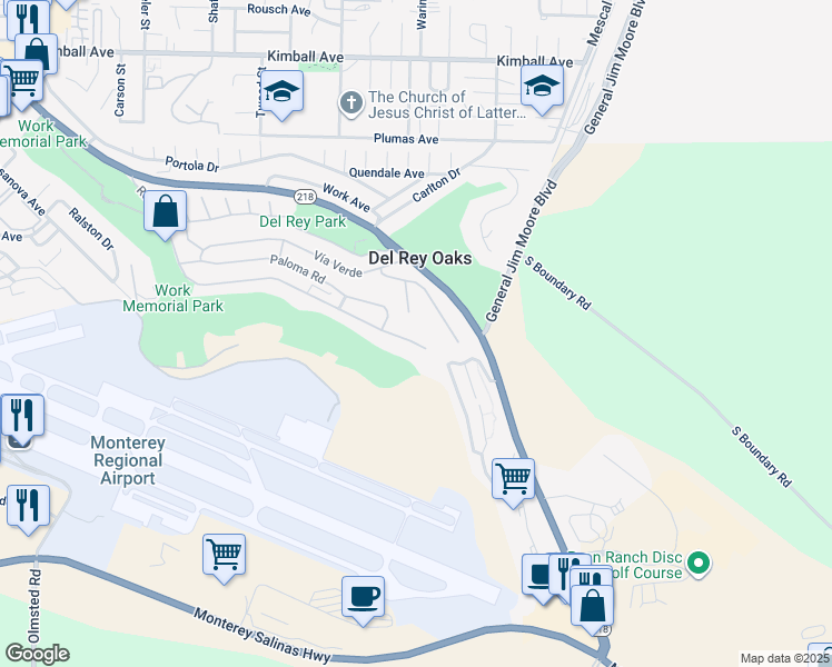 map of restaurants, bars, coffee shops, grocery stores, and more near 1118 Rosita Road in Del Rey Oaks