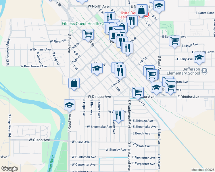 map of restaurants, bars, coffee shops, grocery stores, and more near 1326 K Street in Reedley