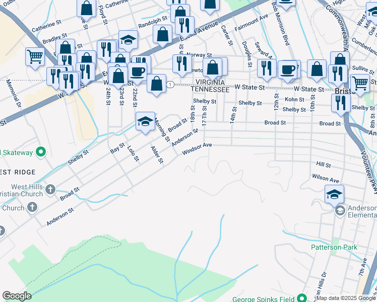 map of restaurants, bars, coffee shops, grocery stores, and more near 1714 Windsor Avenue in Bristol