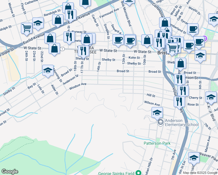 map of restaurants, bars, coffee shops, grocery stores, and more near 1240 Windsor Avenue in Bristol
