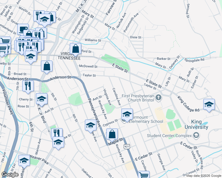 map of restaurants, bars, coffee shops, grocery stores, and more near 412 Carolina Ave in Bristol