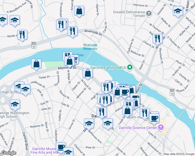 map of restaurants, bars, coffee shops, grocery stores, and more near 332 Memorial Drive in Danville
