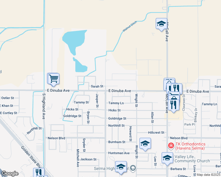 map of restaurants, bars, coffee shops, grocery stores, and more near 2437 Sarah Circle in Selma