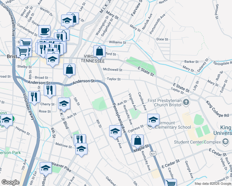 map of restaurants, bars, coffee shops, grocery stores, and more near 219 Lynwood Street in Bristol