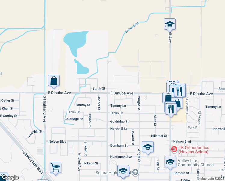 map of restaurants, bars, coffee shops, grocery stores, and more near 2437 Sarah Circle in Selma