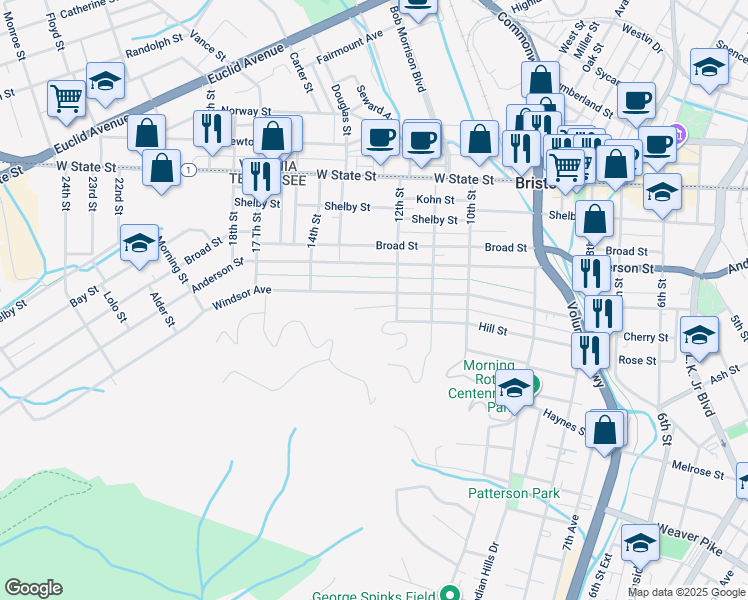map of restaurants, bars, coffee shops, grocery stores, and more near 1216 Windsor Avenue in Bristol