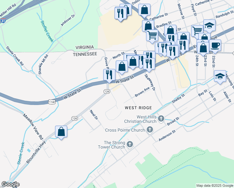 map of restaurants, bars, coffee shops, grocery stores, and more near 120 Stafford Street in Bristol