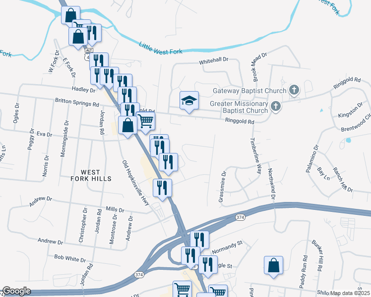 map of restaurants, bars, coffee shops, grocery stores, and more near 21 Leonard Drive in Clarksville