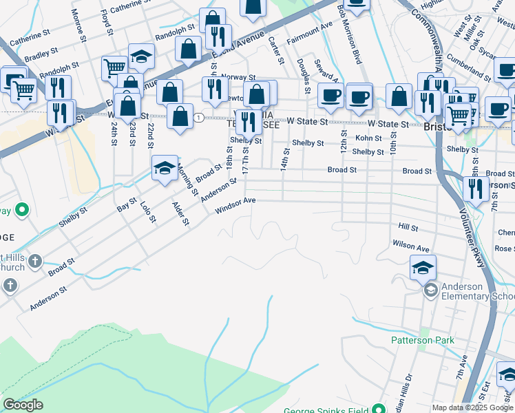 map of restaurants, bars, coffee shops, grocery stores, and more near 1432 Windsor Avenue in Bristol