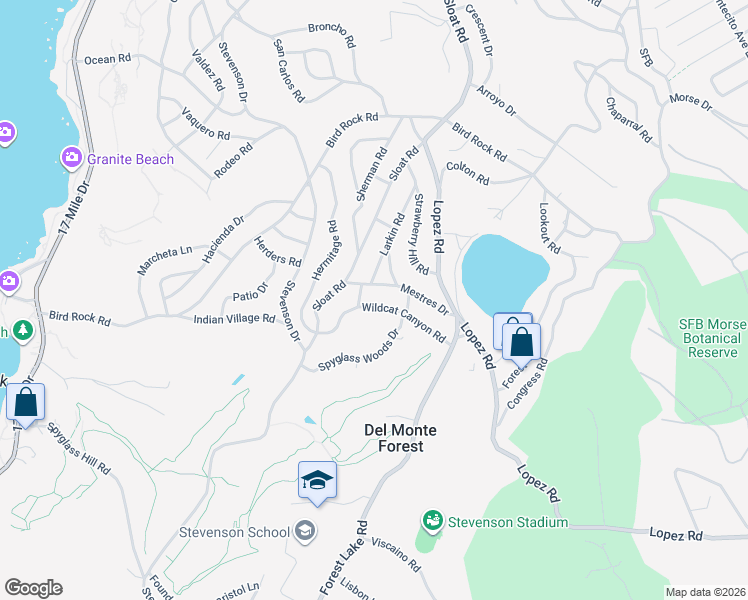 map of restaurants, bars, coffee shops, grocery stores, and more near 1109 Wildcat Canyon Rd in Del Monte Forest