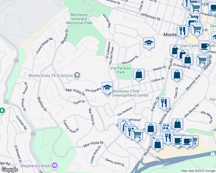 map of restaurants, bars, coffee shops, grocery stores, and more near 149 Vía Gayuba in Monterey