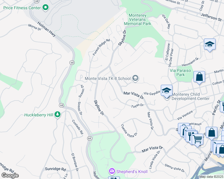 map of restaurants, bars, coffee shops, grocery stores, and more near 751 Toyon Drive in Monterey