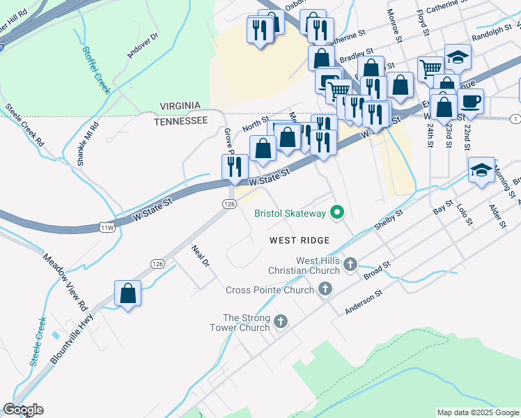 map of restaurants, bars, coffee shops, grocery stores, and more near 120 Stafford St in Bristol