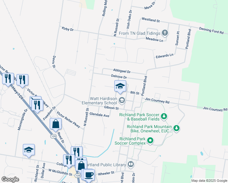 map of restaurants, bars, coffee shops, grocery stores, and more near 122 West T Hardison Avenue in Portland