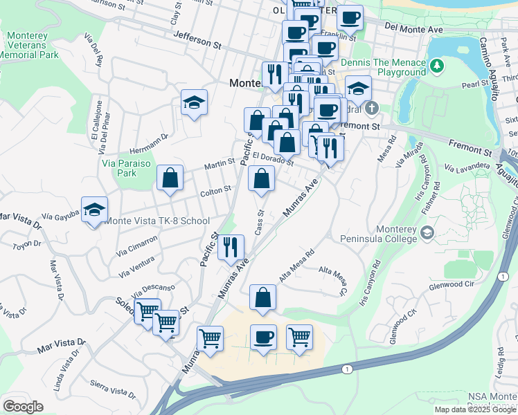 map of restaurants, bars, coffee shops, grocery stores, and more near 1088 Cass Street in Monterey