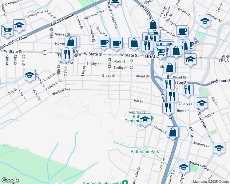 map of restaurants, bars, coffee shops, grocery stores, and more near 1114 Windsor Avenue in Bristol