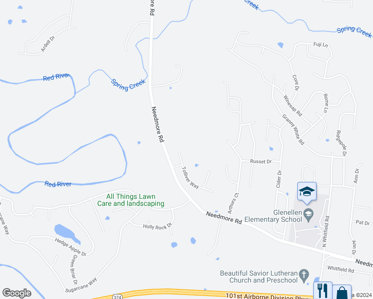 map of restaurants, bars, coffee shops, grocery stores, and more near 1079 Tolliver Way in Clarksville