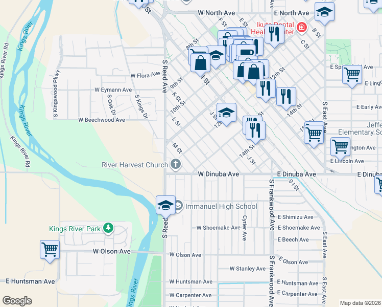 map of restaurants, bars, coffee shops, grocery stores, and more near 2252 12th Street in Reedley