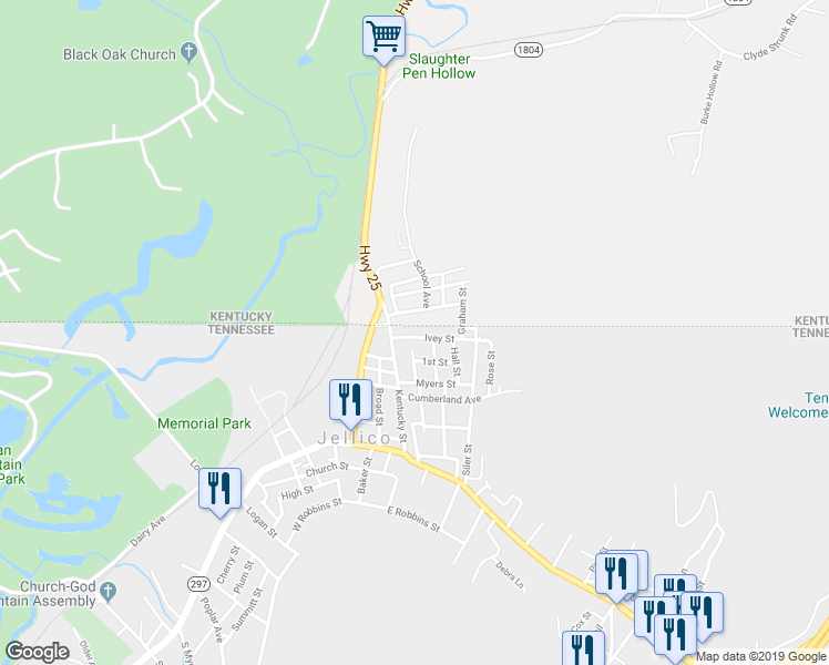 map of restaurants, bars, coffee shops, grocery stores, and more near 421 Ivey Street in Jellico