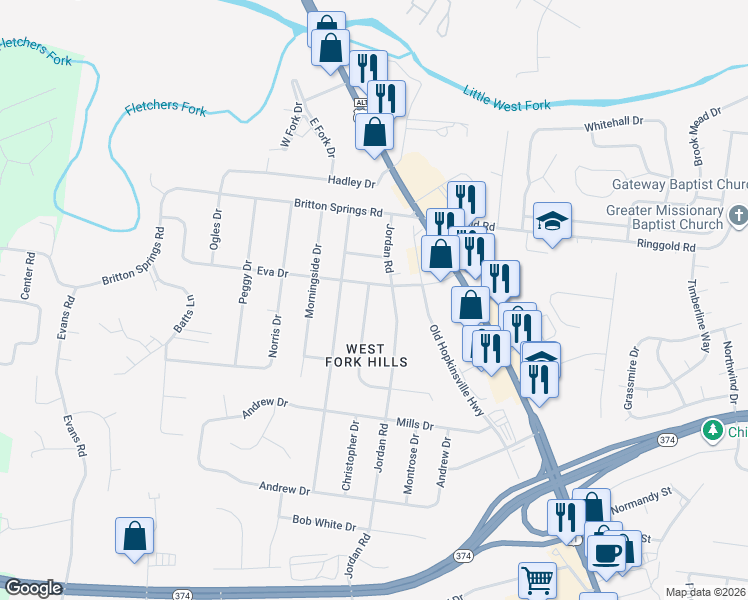 map of restaurants, bars, coffee shops, grocery stores, and more near 204 Maplewood Drive in Clarksville