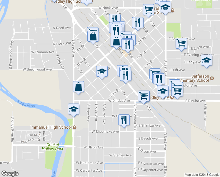 map of restaurants, bars, coffee shops, grocery stores, and more near 1326 K Street in Reedley