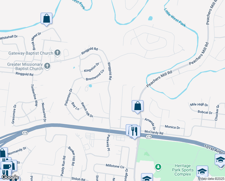 map of restaurants, bars, coffee shops, grocery stores, and more near 691 Ringgold Road in Clarksville