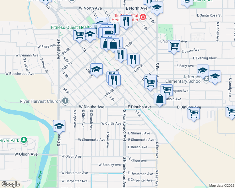 map of restaurants, bars, coffee shops, grocery stores, and more near 1421 I St in Reedley