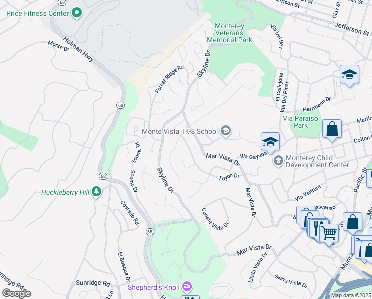 map of restaurants, bars, coffee shops, grocery stores, and more near 751 Toyon Drive in Monterey