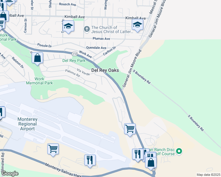 map of restaurants, bars, coffee shops, grocery stores, and more near 50 Los Encinos Drive in Del Rey Oaks