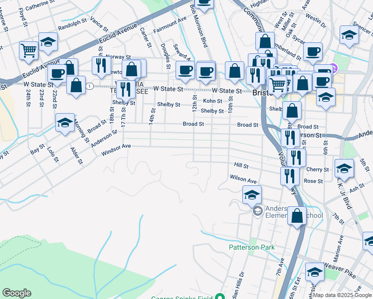 map of restaurants, bars, coffee shops, grocery stores, and more near 1212 Windsor Avenue in Bristol
