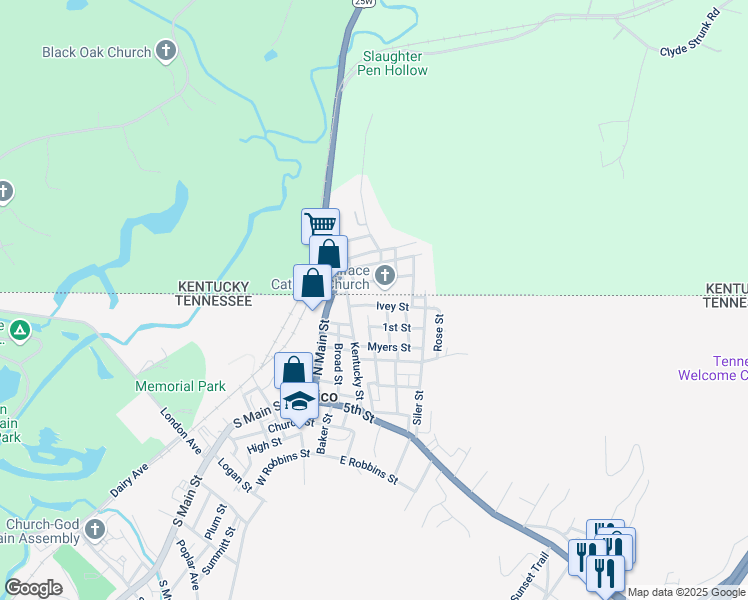 map of restaurants, bars, coffee shops, grocery stores, and more near 421 Ivey Street in Jellico