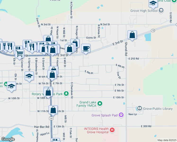 map of restaurants, bars, coffee shops, grocery stores, and more near 501 East 5th Place in Grove