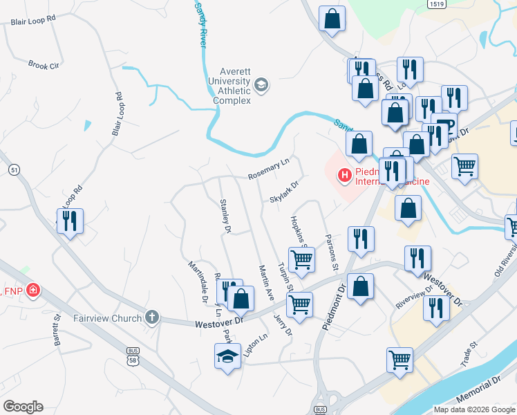 map of restaurants, bars, coffee shops, grocery stores, and more near 291 Turpin Street in Danville