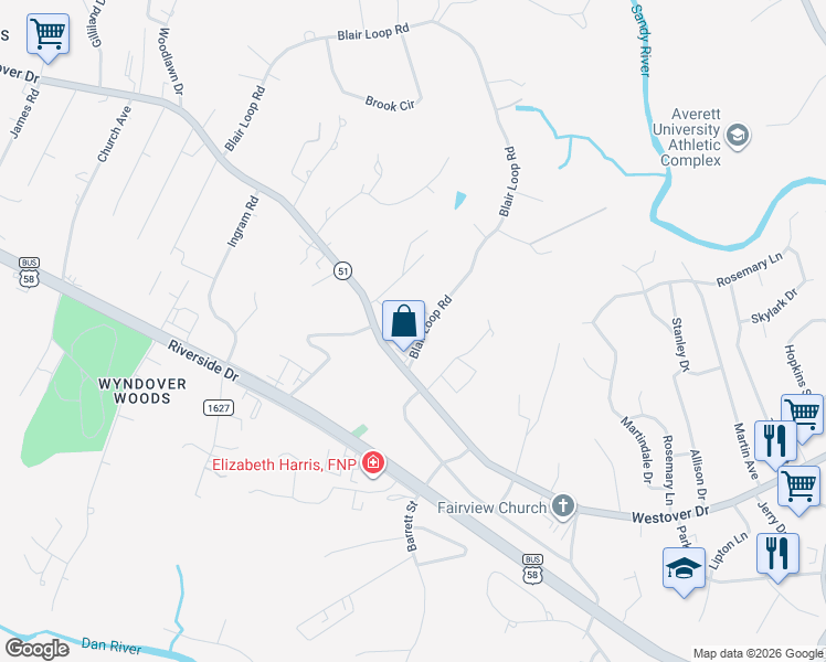 map of restaurants, bars, coffee shops, grocery stores, and more near 1424 Blair Loop Road in Danville