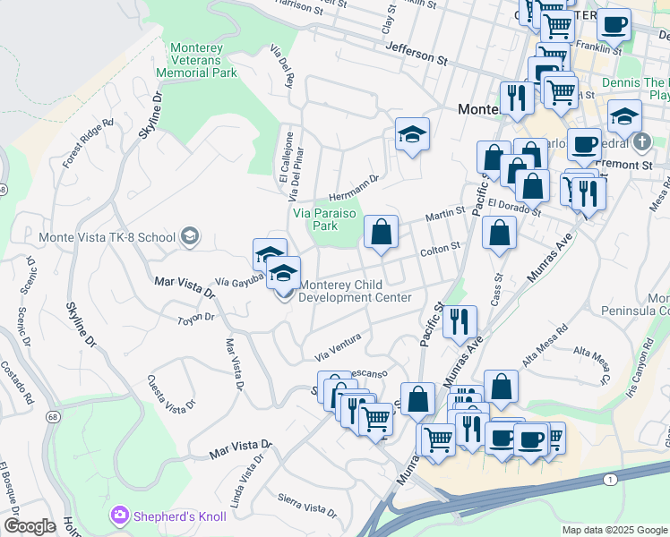 map of restaurants, bars, coffee shops, grocery stores, and more near 970 Colton Street in Monterey