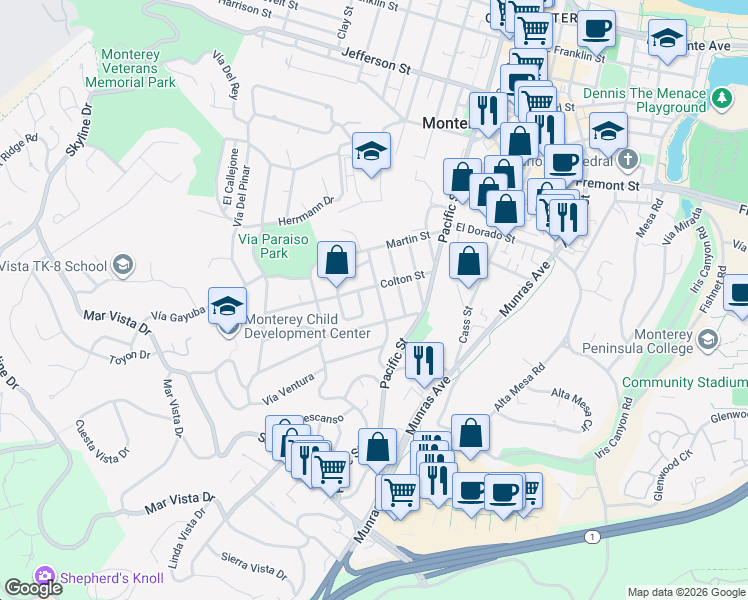 map of restaurants, bars, coffee shops, grocery stores, and more near 922 Monterey Circle in Monterey