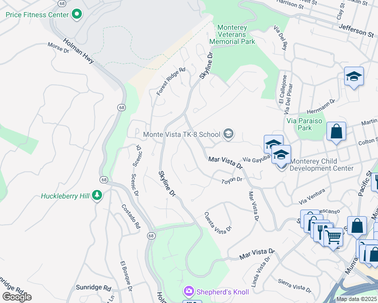 map of restaurants, bars, coffee shops, grocery stores, and more near 751 Toyon Drive in Monterey