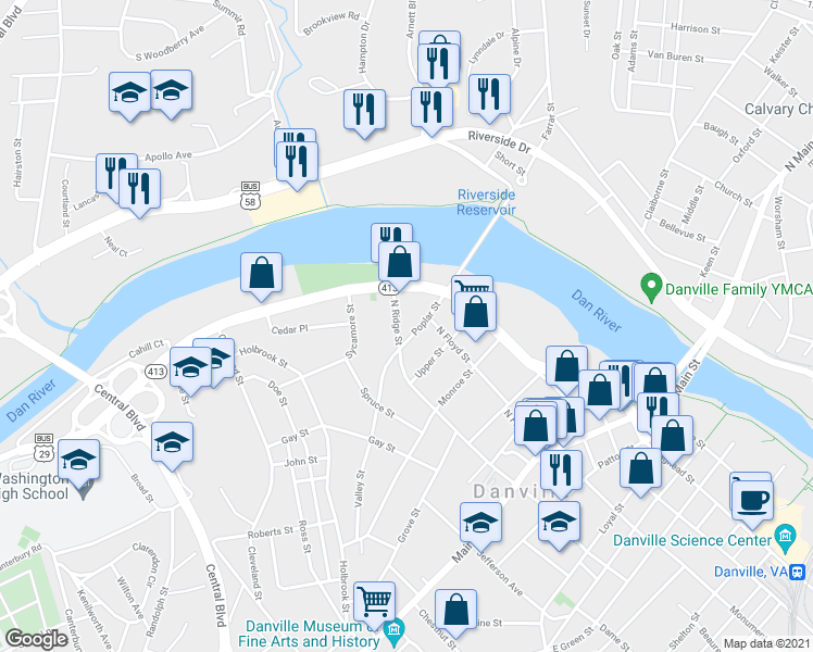 map of restaurants, bars, coffee shops, grocery stores, and more near 610 North Ridge Street in Danville