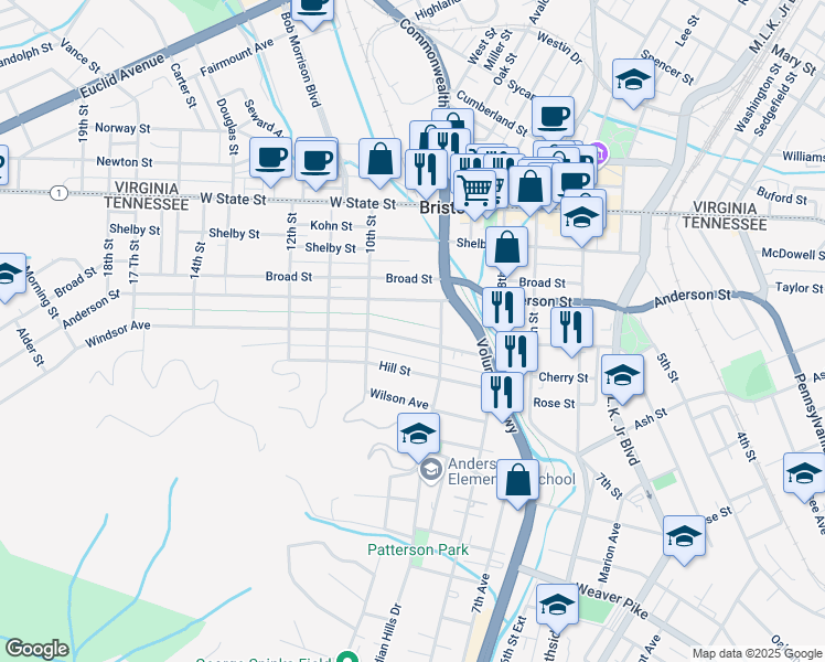 map of restaurants, bars, coffee shops, grocery stores, and more near 911 Windsor Avenue in Bristol