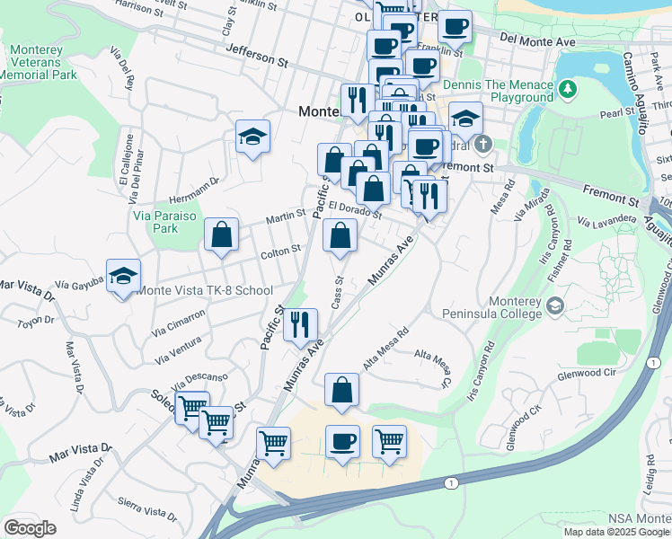 map of restaurants, bars, coffee shops, grocery stores, and more near 1088 Cass Street in Monterey