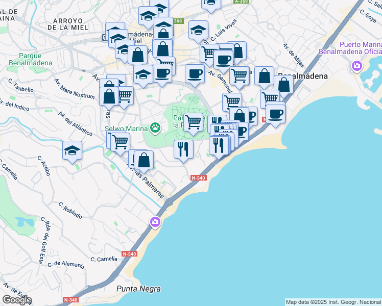map of restaurants, bars, coffee shops, grocery stores, and more near 3 Avenida del Parque in Benalmádena