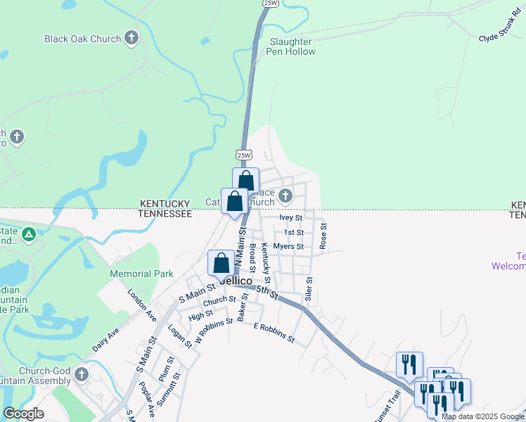 map of restaurants, bars, coffee shops, grocery stores, and more near 421 Ivey Street in Jellico