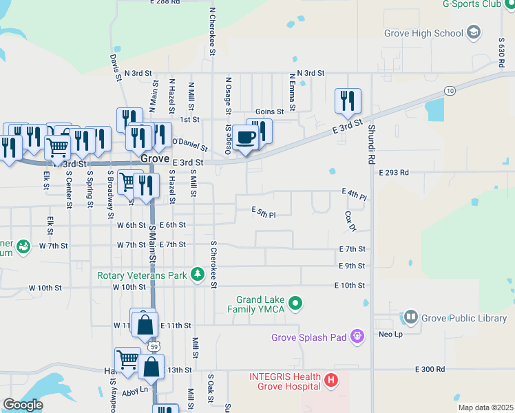 map of restaurants, bars, coffee shops, grocery stores, and more near 501 East 5th Place in Grove
