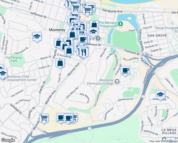 map of restaurants, bars, coffee shops, grocery stores, and more near 471 El Dorado Street in Monterey