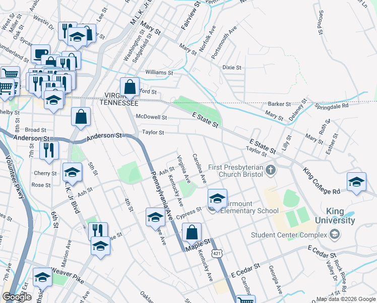 map of restaurants, bars, coffee shops, grocery stores, and more near 412 Carolina Avenue in Bristol