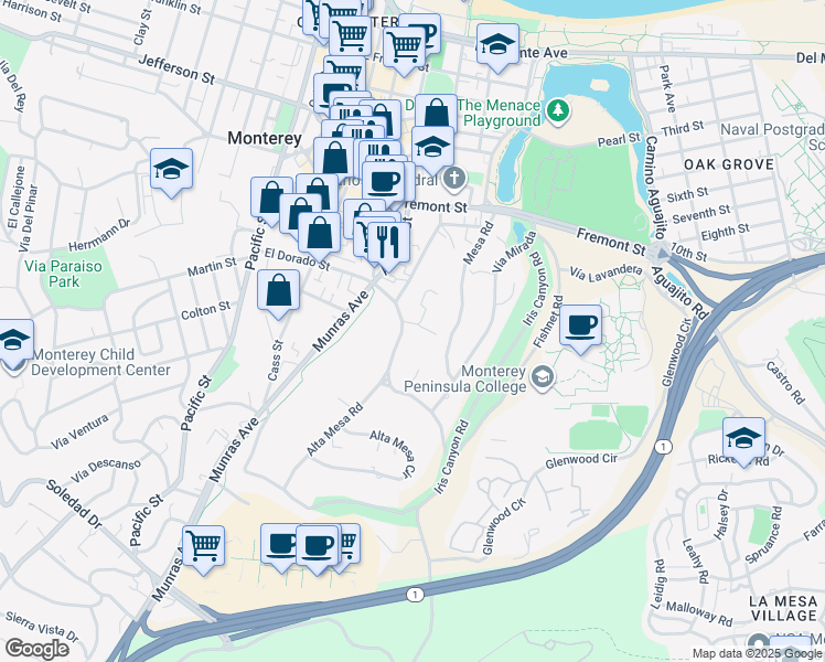 map of restaurants, bars, coffee shops, grocery stores, and more near 471 El Dorado Street in Monterey