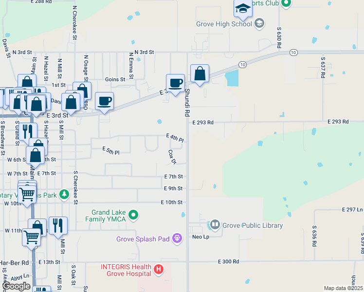 map of restaurants, bars, coffee shops, grocery stores, and more near 468 Mill Creek Drive in Grove
