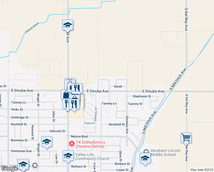 map of restaurants, bars, coffee shops, grocery stores, and more near 3900 Mulberry Street in Selma